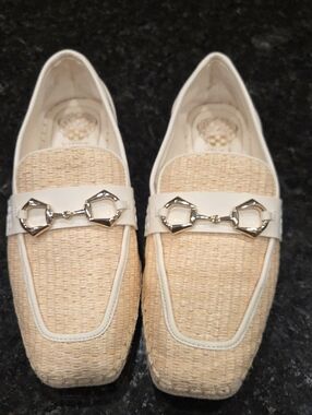 Vince Camuto Size 9 Women's Cream Woven Loafers with Silver Bit Accent